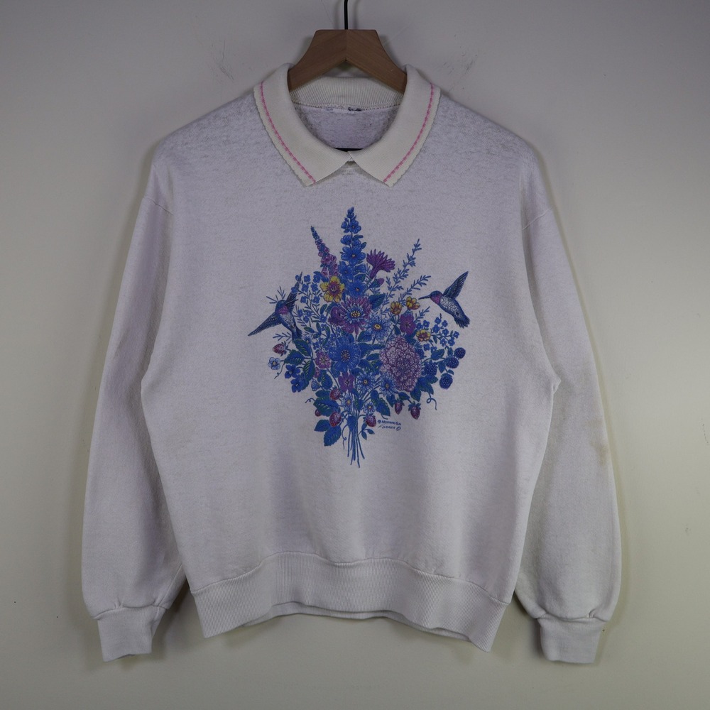 Vintage Morning Sun Floral Hummingbird Collared Sweatshirt L Cottagecore White